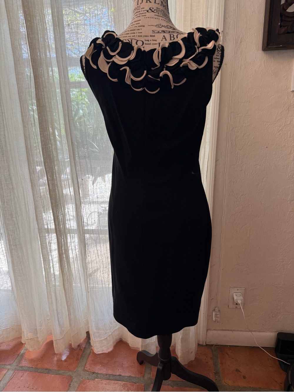 Cache Black Midi Dress with Cream & Black -Trim Ruffle Neckline